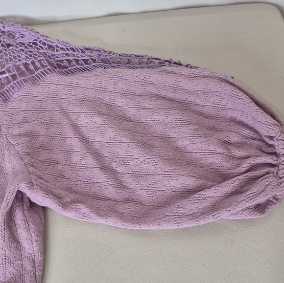 Free People Lavender Love Lace Crochet Peasant Sweater Top Shirred Waist- Size M - Picture 11 of 14